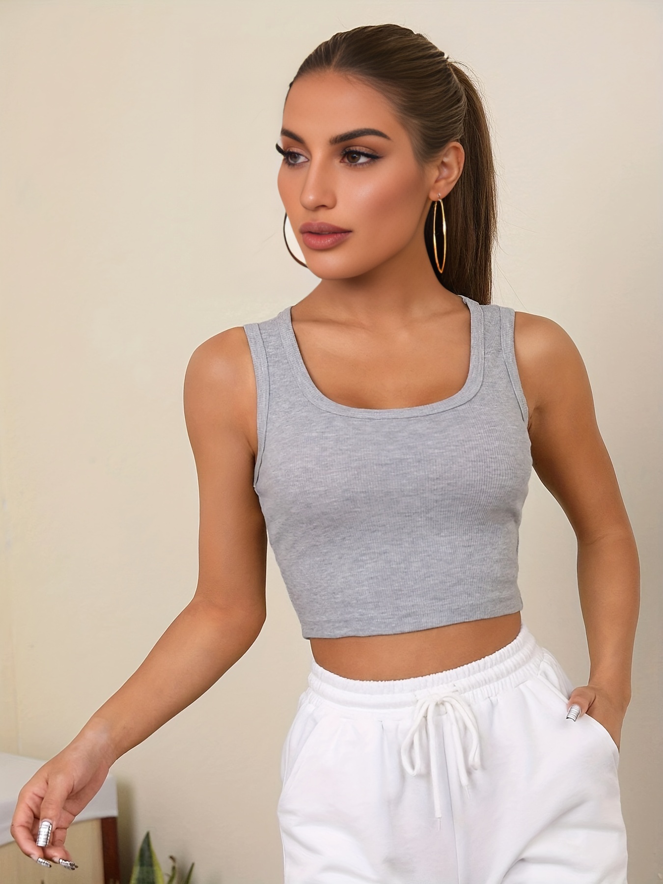 Solid Square Neck Crop Tank Top, Casual Sleeveless Tank Top For Summer,  Women's Clothing