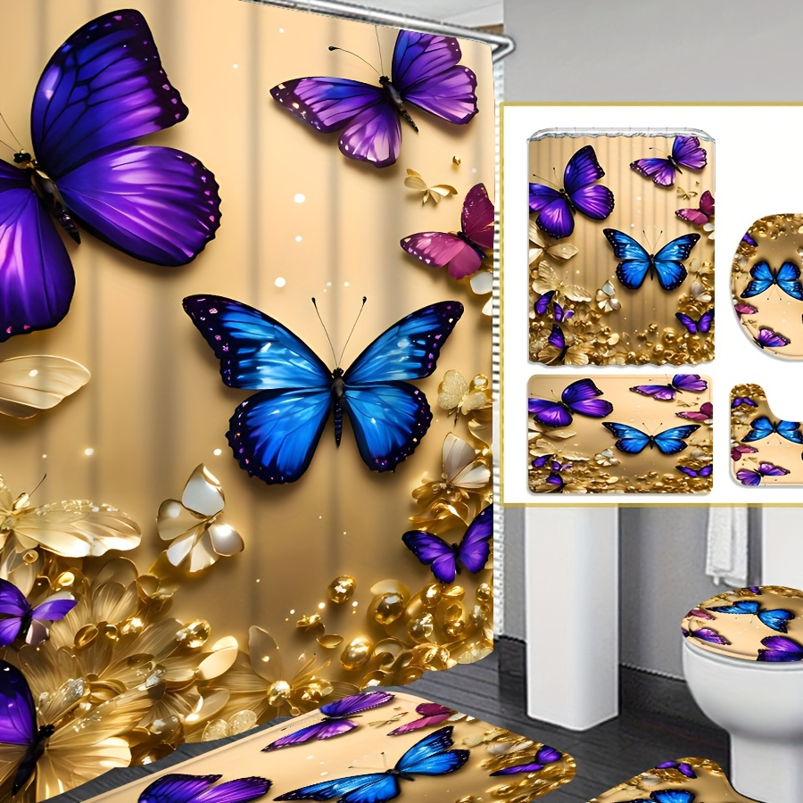 

1pc/4pcs , Background Pattern Shower Curtain, Decoration, Waterproof Fabric Shower Curtain Set With 12 Hooks, Non-slip Bathroom Rug, U-shaped Toilet Mat, Toilet Seat Cover Mat, Bathroom Decoration