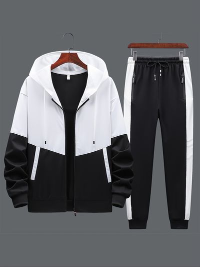 Men's Casual Colorblock Zip-up Hooded Jacket And Trousers For Fall/Winter