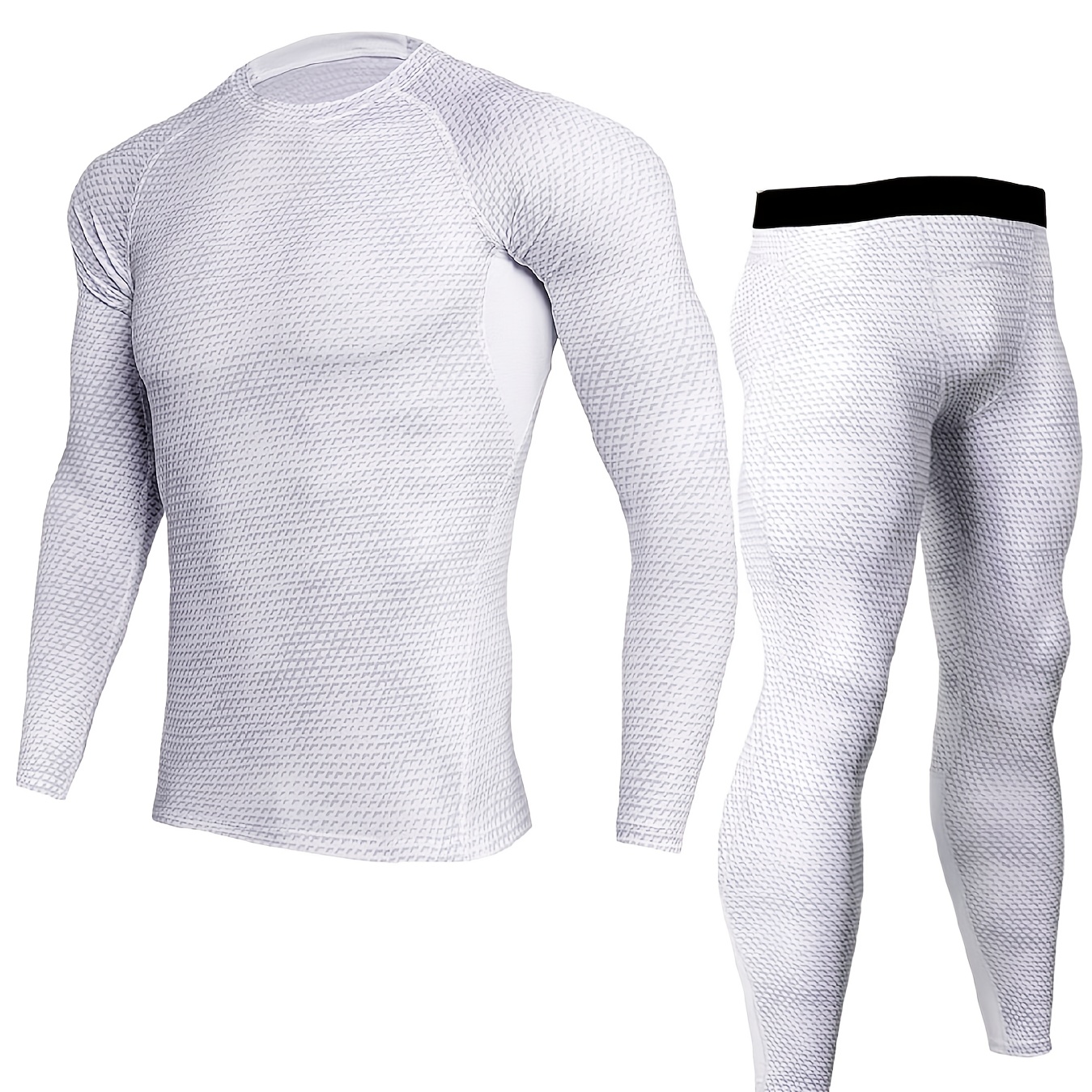 Men's Breathable Quick-drying Running Sports Set, Long Sleeve Round Neck Shirts & Compression Bottom Pants, Bodysuit Shapewear Workout