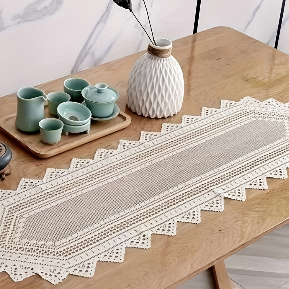 

European Hollow Lace Table Runner - Polyester Desk Pad & Blotter - 1pc Solid Color Simple Style Holiday Decoration For Home Dining Room