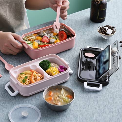 1pc 304 Stainless Steel Lunch Box, Bento Box For Office Workers, Double Layered Lunch Container, Food Storage Box