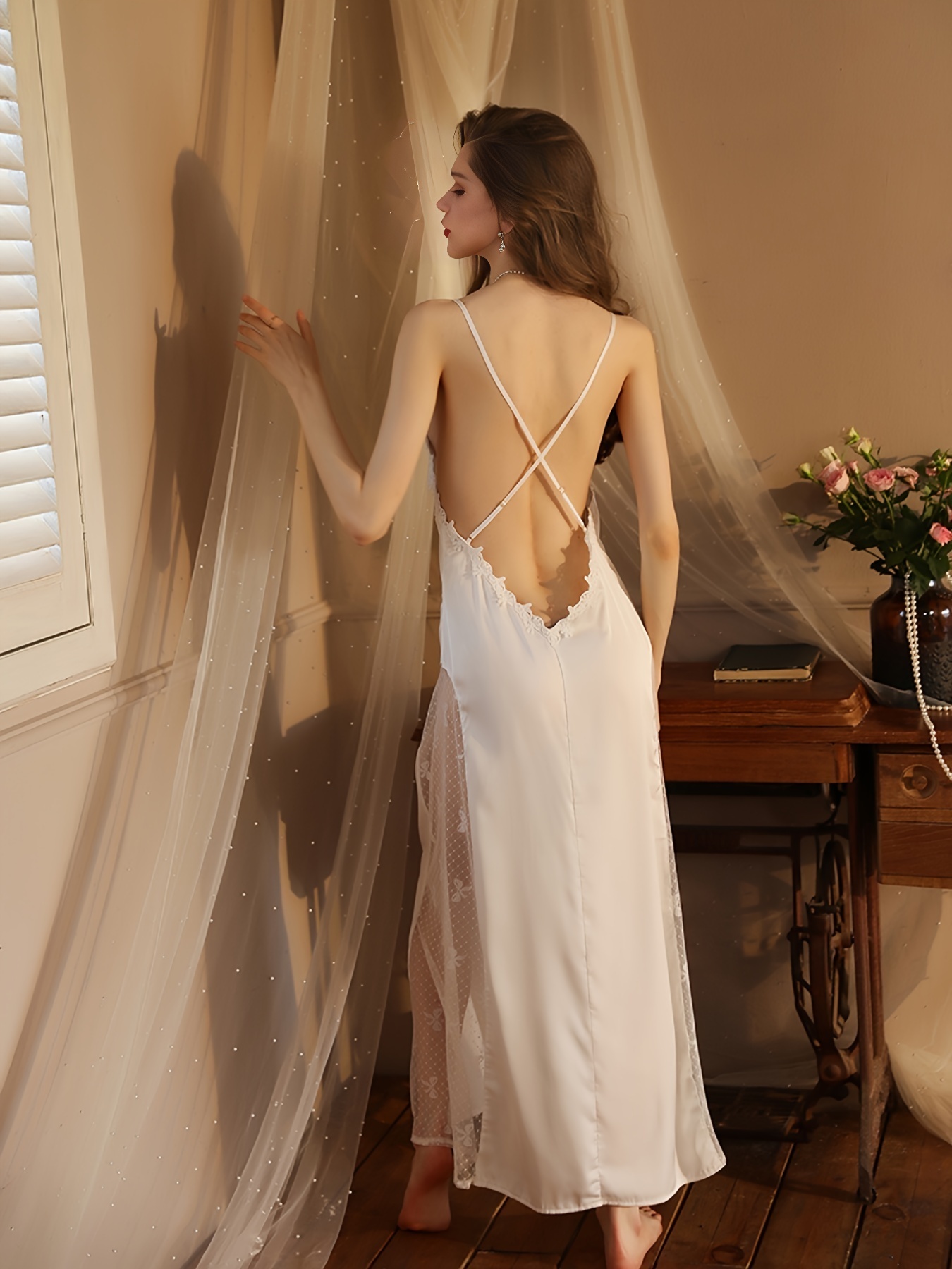 Lace V neck Pajama Dress Elegant Temptation Mesh Nightdress - Temu