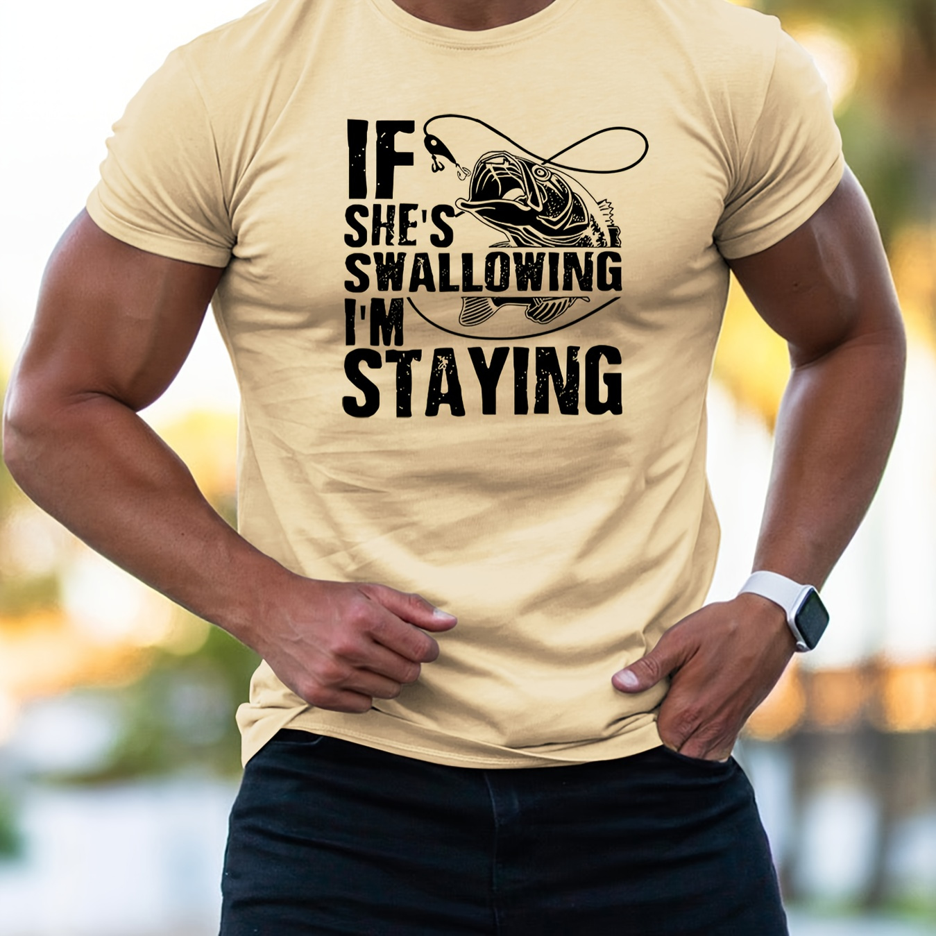 

I'm Staying Fishing , Men's Crew Neck Short Sleeve T-shirt, Casual Top For Summer