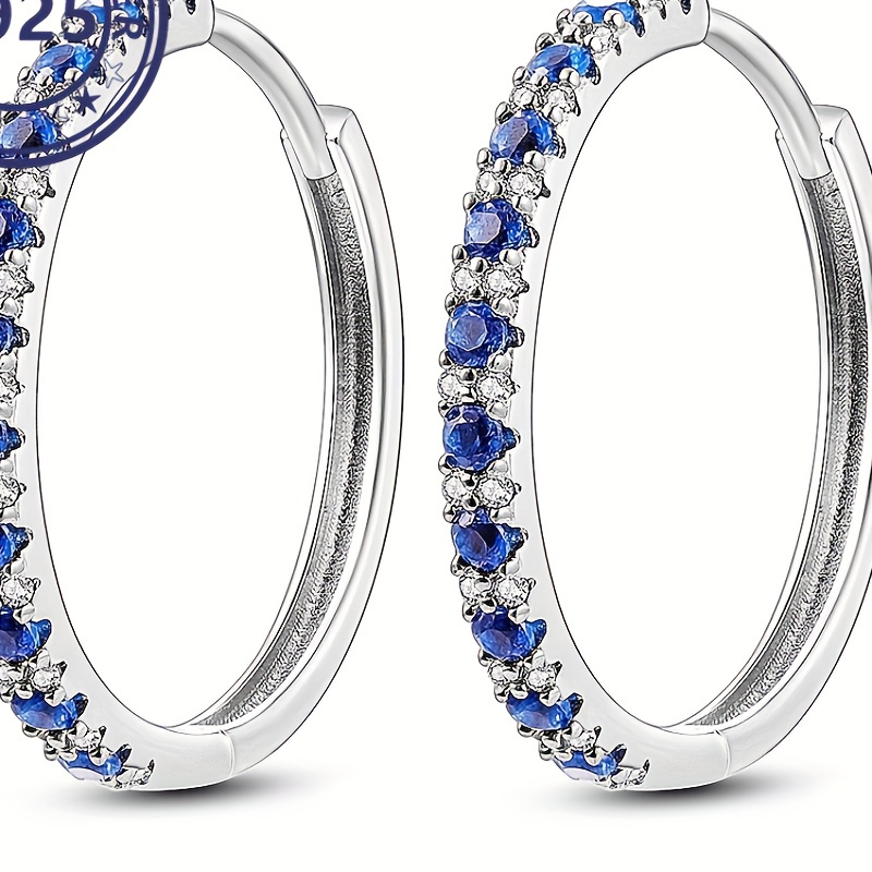 

4.35g/0.15oz S925 Sterling Silver Sea Blue Big Round Hoop Earrings Elegant Luxury Style Hoop Ear Jewelry For Women Gift
