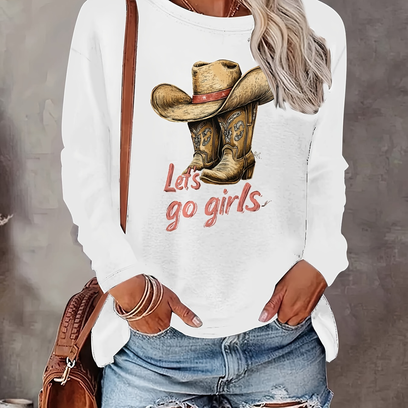 

Women's Western Cowgirl Graphic Long Sleeve Top, Casual Crew Neck Pullover, 95% Polyester 5% Elastane, Medium Stretch Knit Fabric, Fit - 200gsm