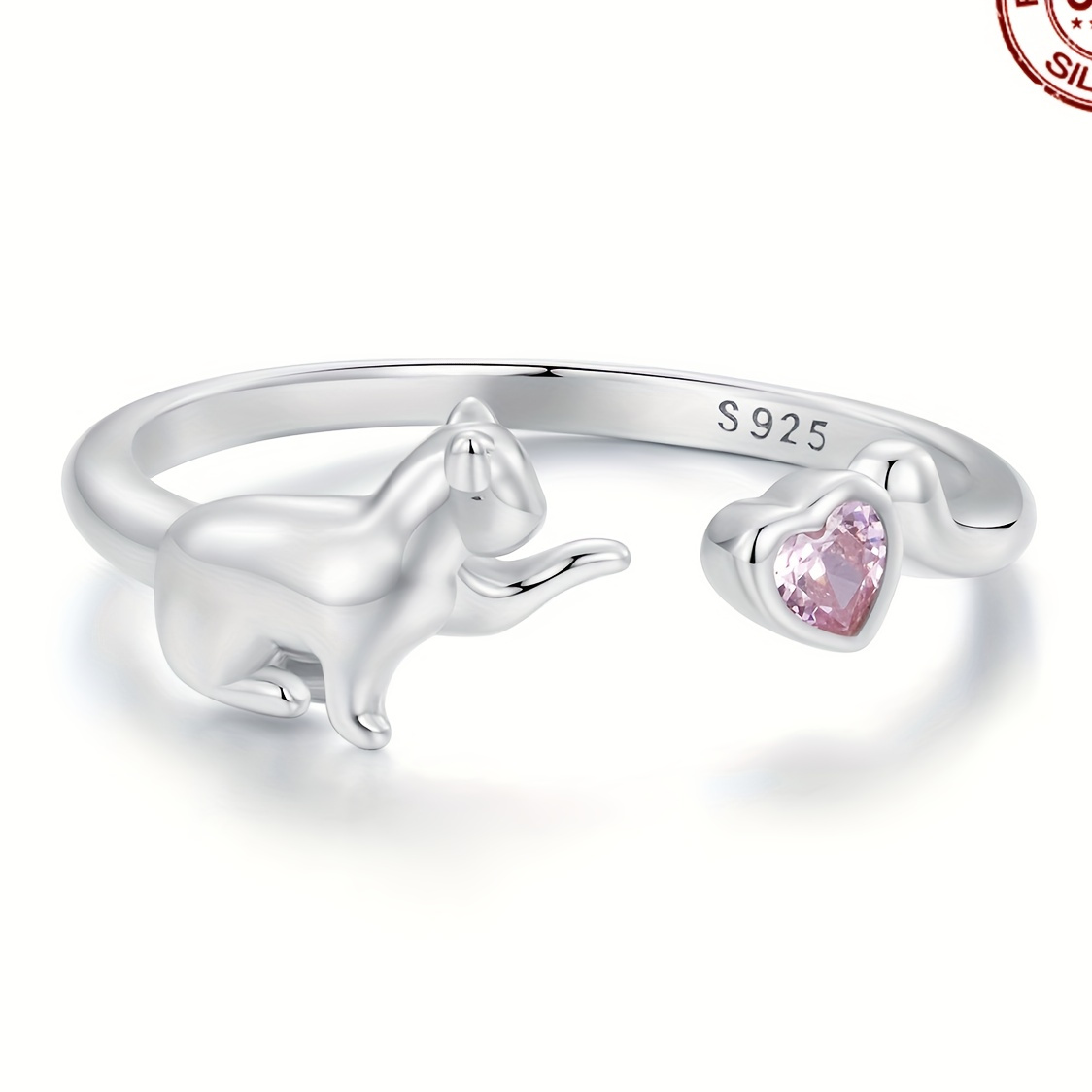 

925 Sterling Silver Cute Animal Cat Ring With Pink Heart Detail, Hypoallergenic Elegant Romantic Jewelry Gift For Women, No Power Required