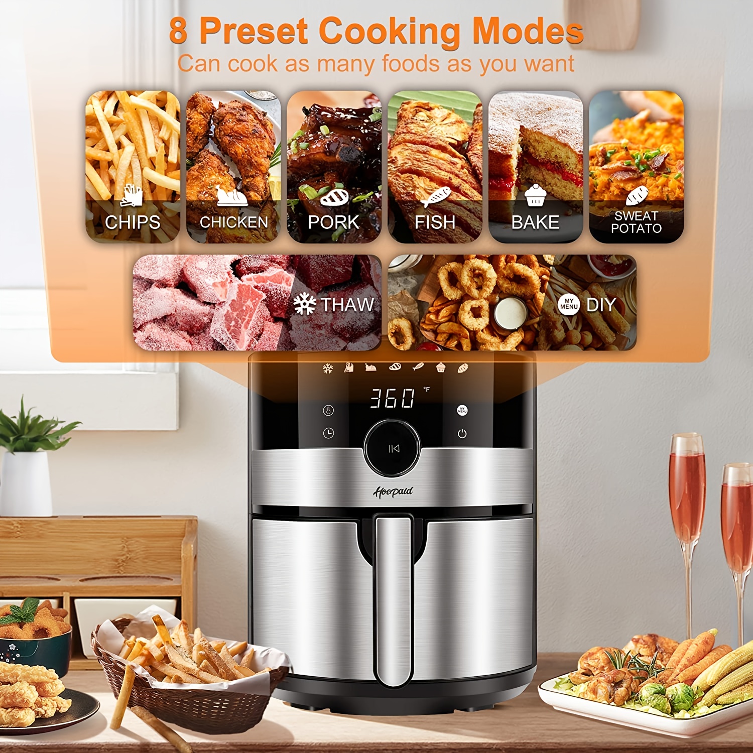 air fryer 3 6 quart family electric oilless hot air fryer oven with non stick basket and rack touch screen and knob 8 preset modes led display suitable for home party office 1350w details 3