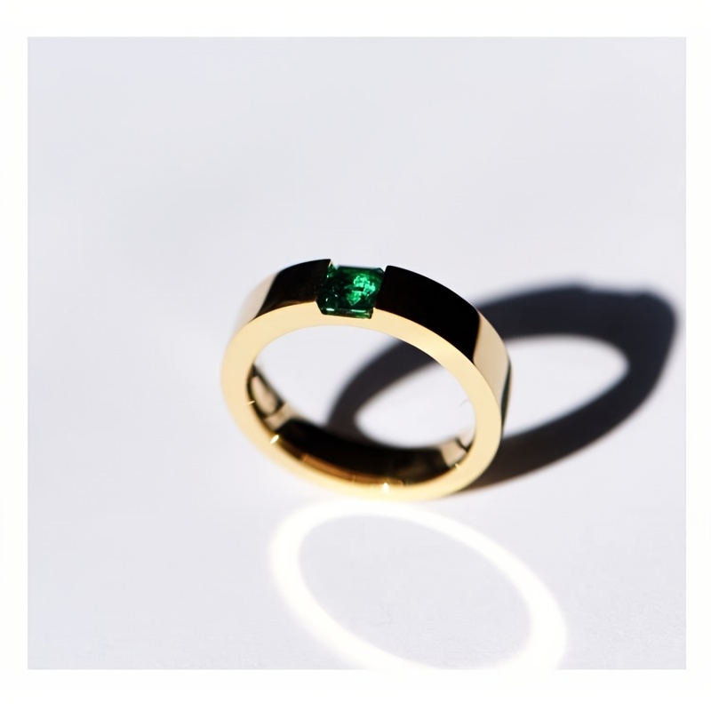 

Golden Ring With Synthetic Emerald Gemstone, Men's Simple Trendy Finger Ring, For Daily Wear, For Banquet Party Holiday Birthday Anniversary Gift