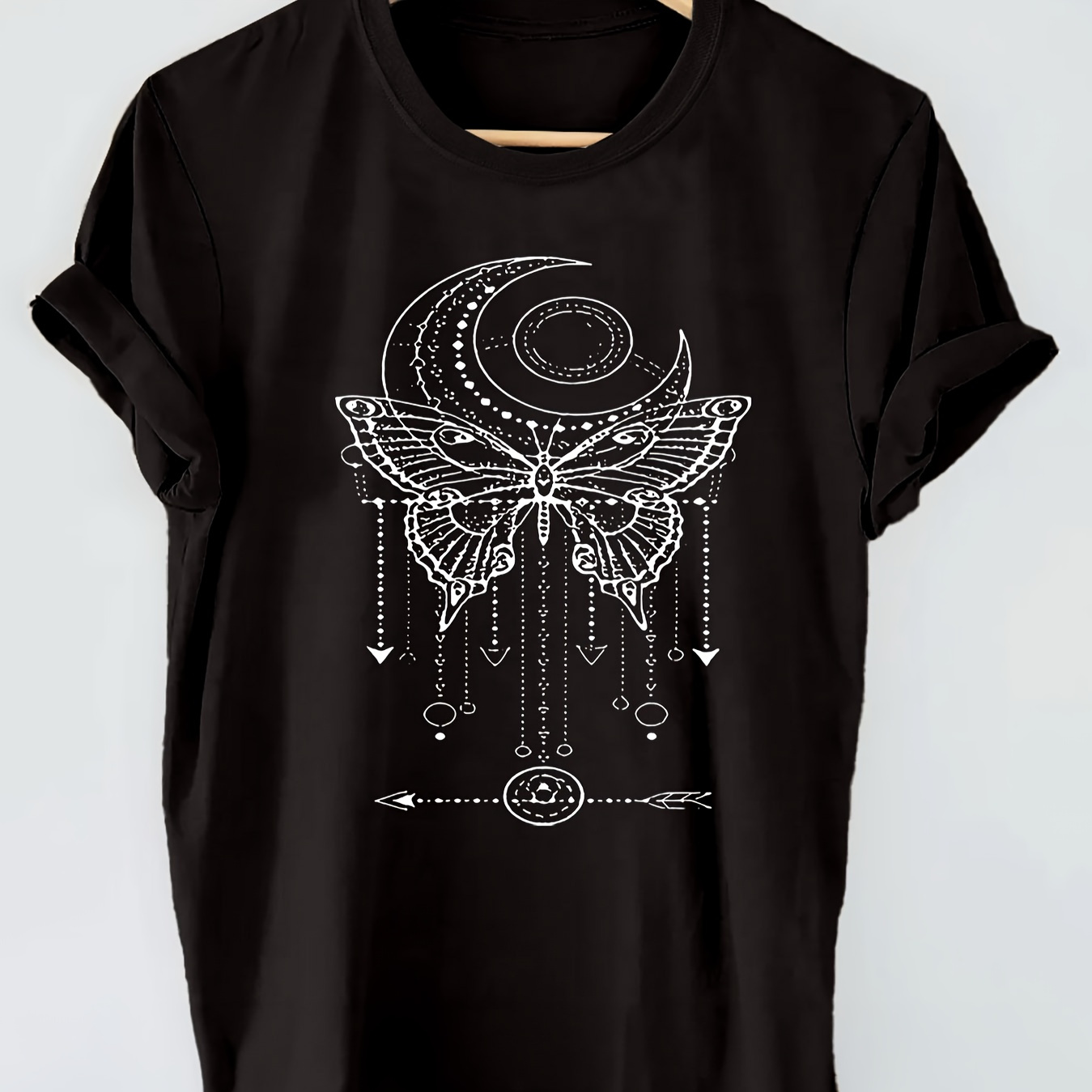 

Moon & Butterfly Print T-shirt, Short Sleeve Crew Neck Casual Top For Summer & Spring, Women's Clothing