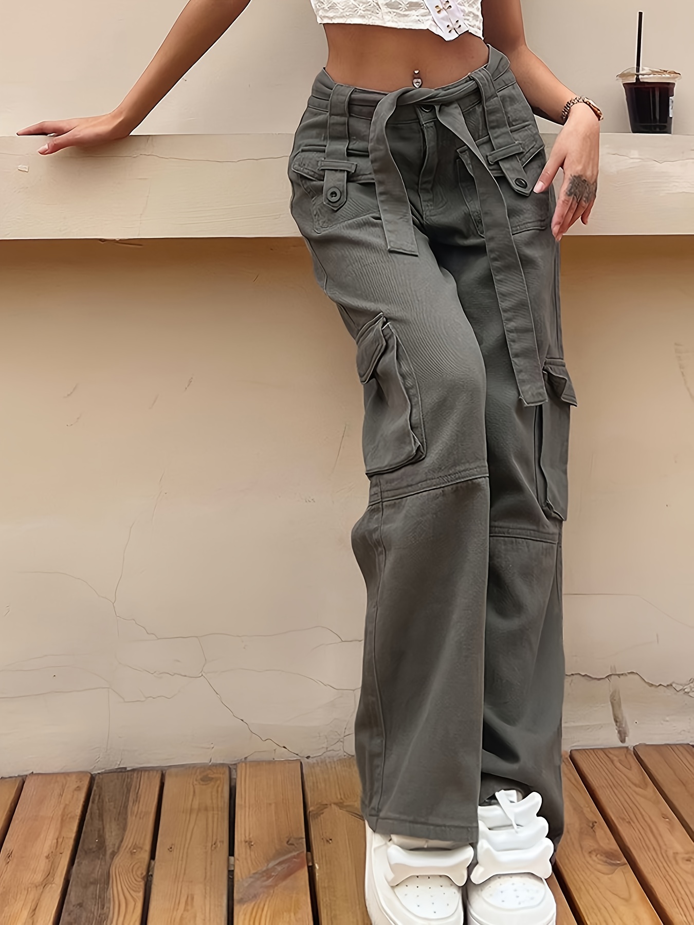Brown Loose Flap Pockets Cargo Pants, High * Wide Legs Long Baggy Cargo  Pants, Y2K Kpop Vintage Style, Women's Denim & Clothing