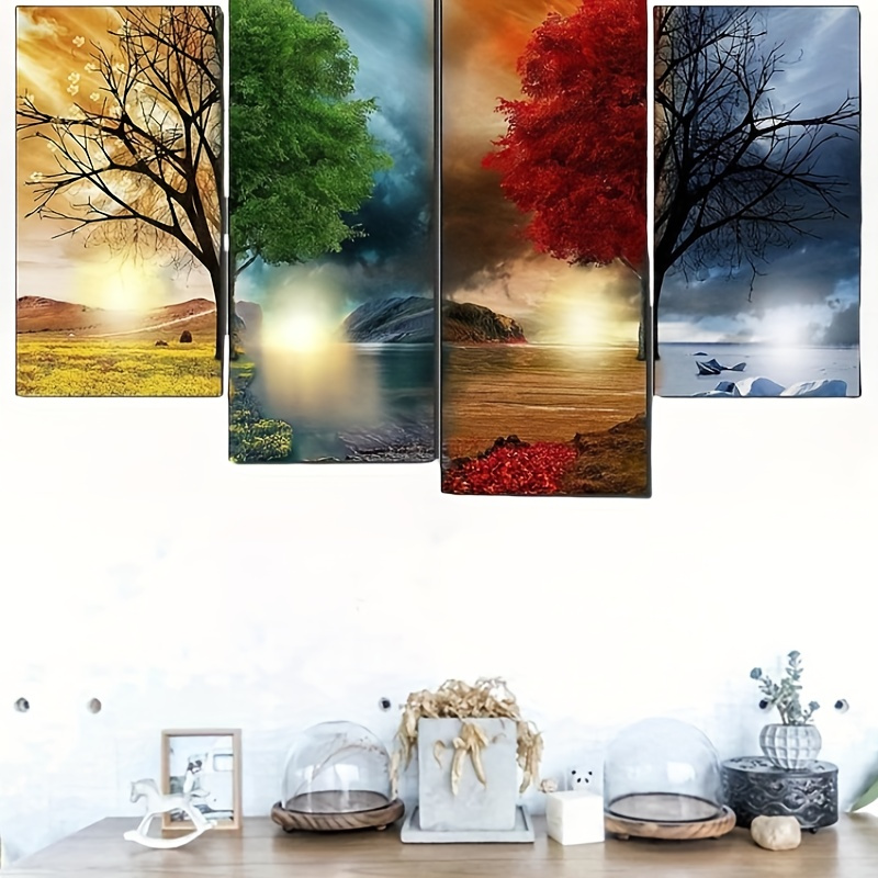 

4-piece Diy 5d Diamond Painting Kits – Round Diamond Embellishments, Canvas Material, Multiple Season Trees Theme For Home Wall Decor