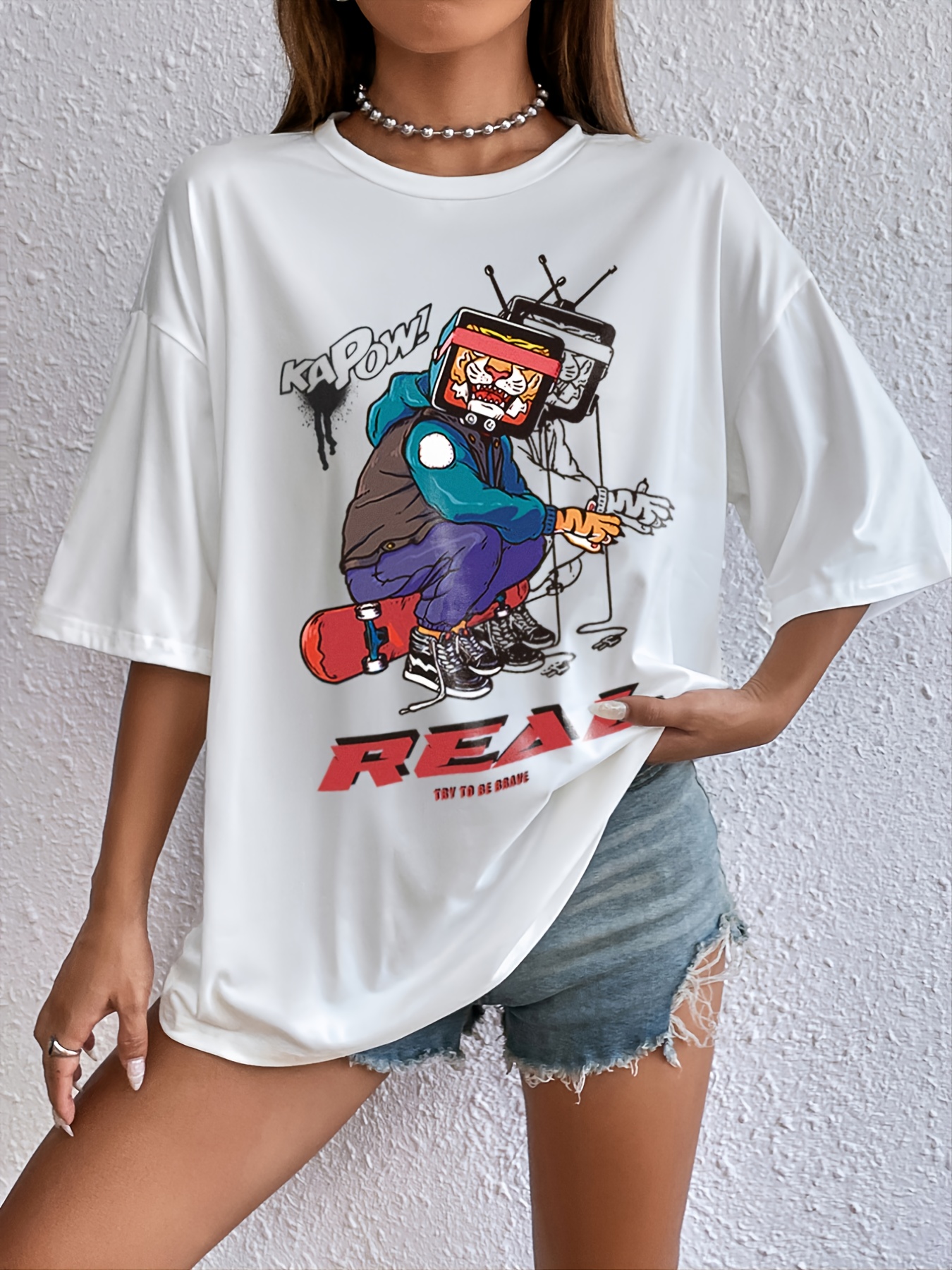 Skateboard Teen Tiger Print Crew Neck T Shirt Casual Loose Short Sleeve Fashion Summer T Shirts Tops Clothing - Women's Clothing - Temu