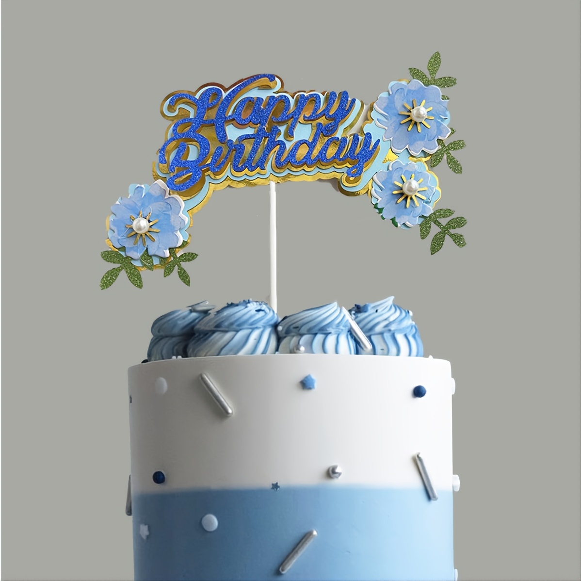 Faux Pearl Flower Cake Topper Blue Happy Birthday Paper - Temu