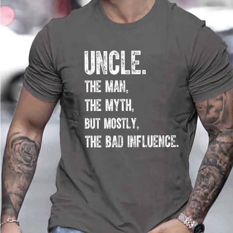 

Uncle Crew Neck T-shirt - Casual Polyester Knit Fabric With Slight Stretch, Summer Regular Fit Tee With Fun "the Man, The Myth, The Bad Influence" Print