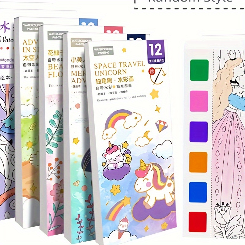 

12 Pages Watercolor Coloring Book With A Built-in Watercolor Brush (random Style)