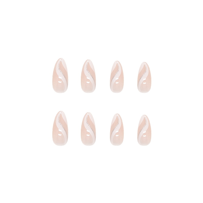 24pcs white french tips press on nails medium almond fake nails with white and glitter line design glossy full cover false nails for women and girls details 4