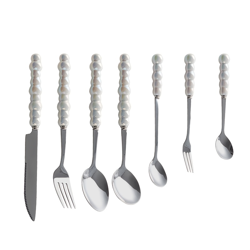 Pearl Ceramic Handle Knife Fork And Spoon Set Light Luxury - Temu