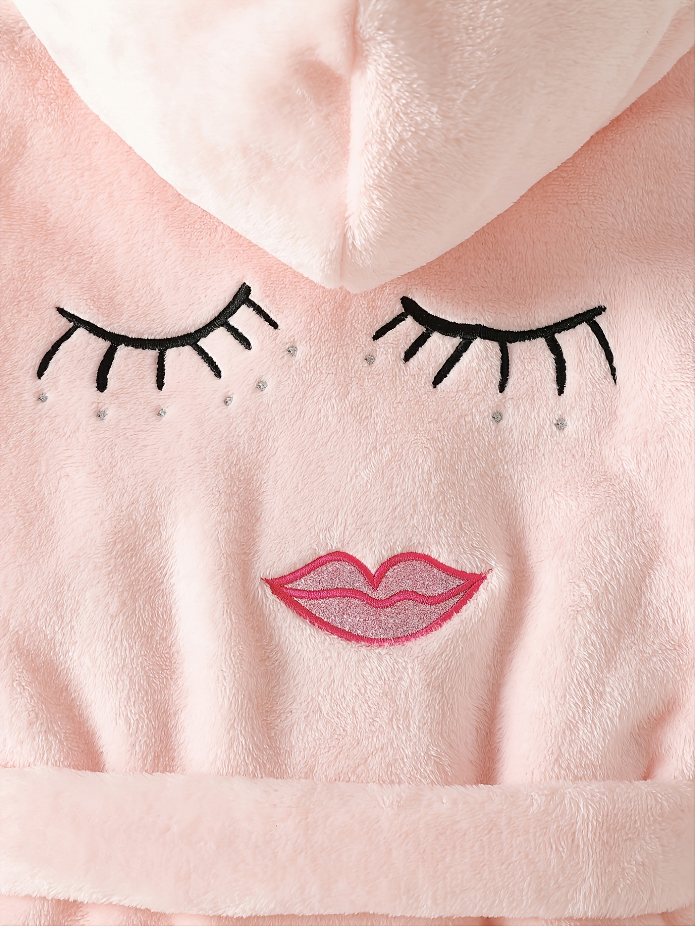 Girl Plush Embroidered Eye Mouth Long Sleeve Hooded Bathrobe Temu