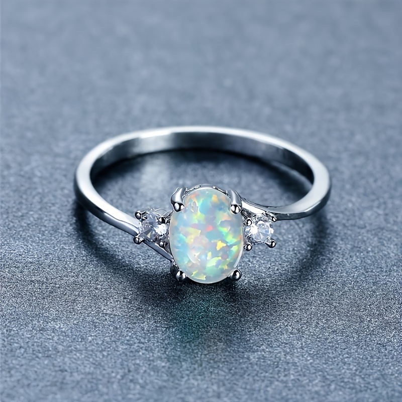 Opal Stone Engagement Ring Classic Silver Crystal Oval Wedding Ring