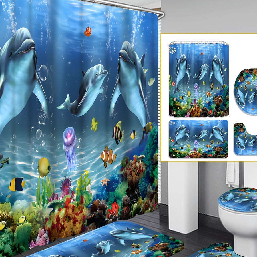 

4pcs Underwater Dolphin Shower Curtain Decoration, Beautiful Disguised Gift Decoration, Waterproof Shower Curtain And Bathroom Mat Three-piece Set, 12 Shower Curtain Hooks