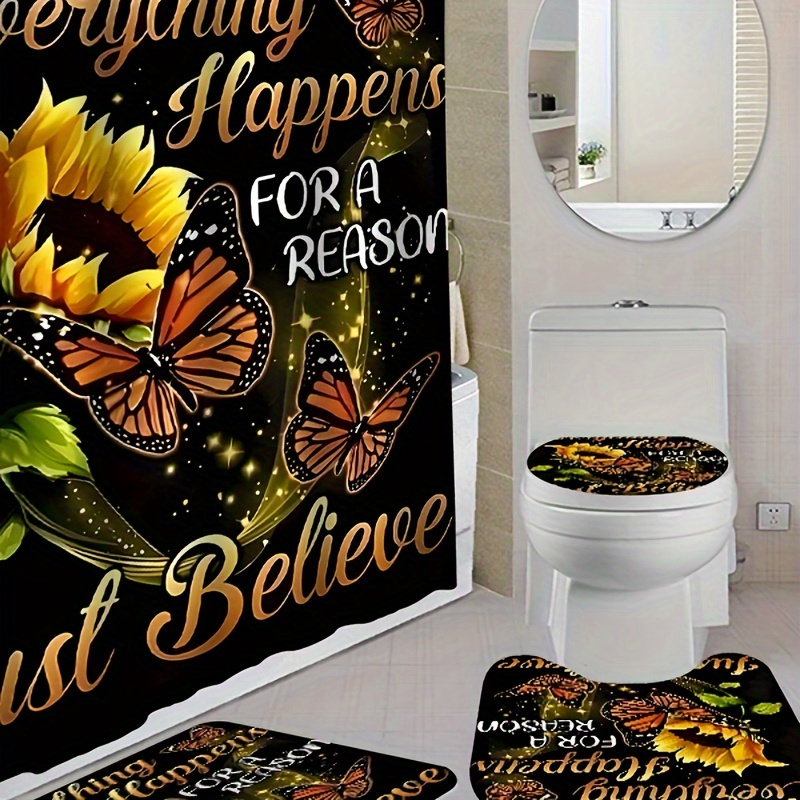 

Chic Sunflower & Shower Curtain Set With 12 Hooks - Waterproof, Non-slip Bathroom Rug, Toilet Lid Cover, And U-shaped Mat - Polyester Fabric For All