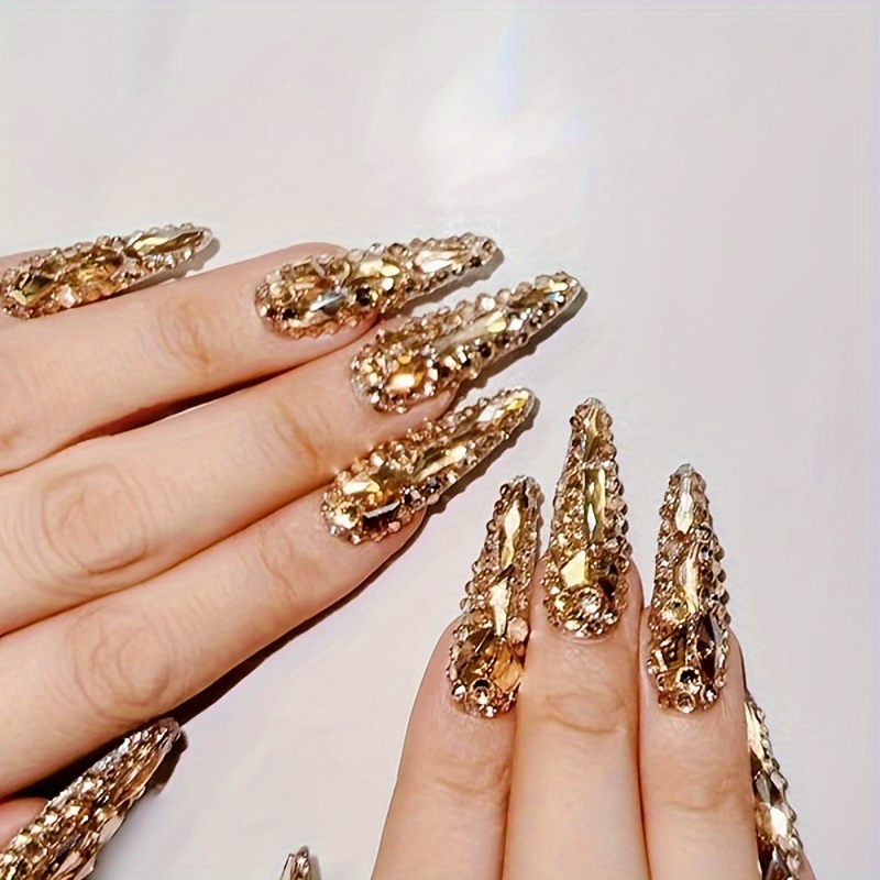 

Luxurious 10pcs Golden Glitter Stiletto Press-on Nail Forms Set - Long Drop Shape False Nails With Sparkling Stones, Ideal For Parties, Date Nights & Special Events, Includes Manicure Kit