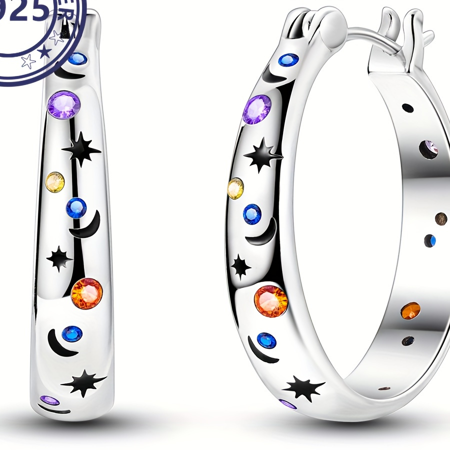 

S925 Sterling Silver 4.37g Brilliant Starry Sky Hoop Earrings For Women, Hypoallergenic, Luxury Vacation Style Jewels