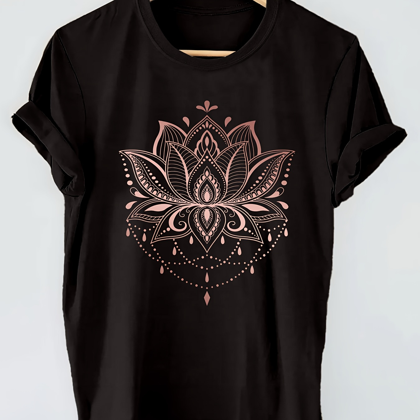 

Lotus Print T-shirt, Short Sleeve Crew Neck Casual Top For Summer & Spring, Women's Clothing