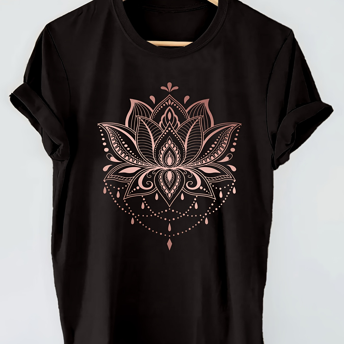 

T-shirt Imprimé Lotus, Haut Décontracté À Manches Courtes Et Col Rond Pour L'été Et Le Printemps, Vêtements Pour Femmes