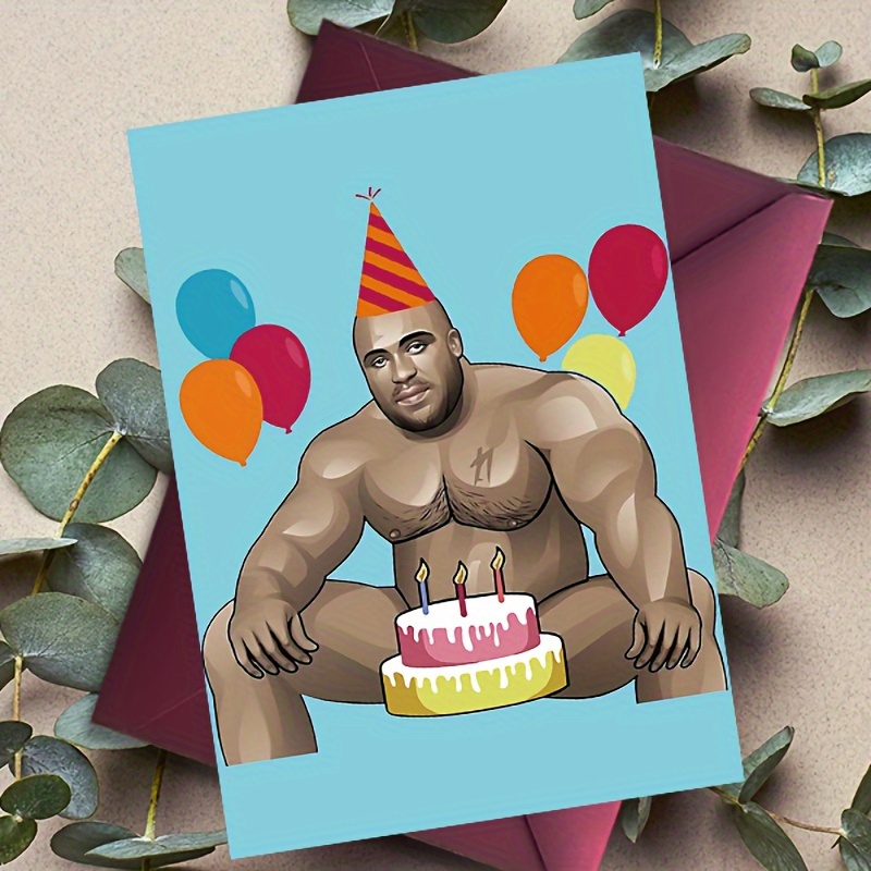 

Funny Birthday Card Featuring A Naked For Man & Striped Hat - Family & Friends, High-quality Paper