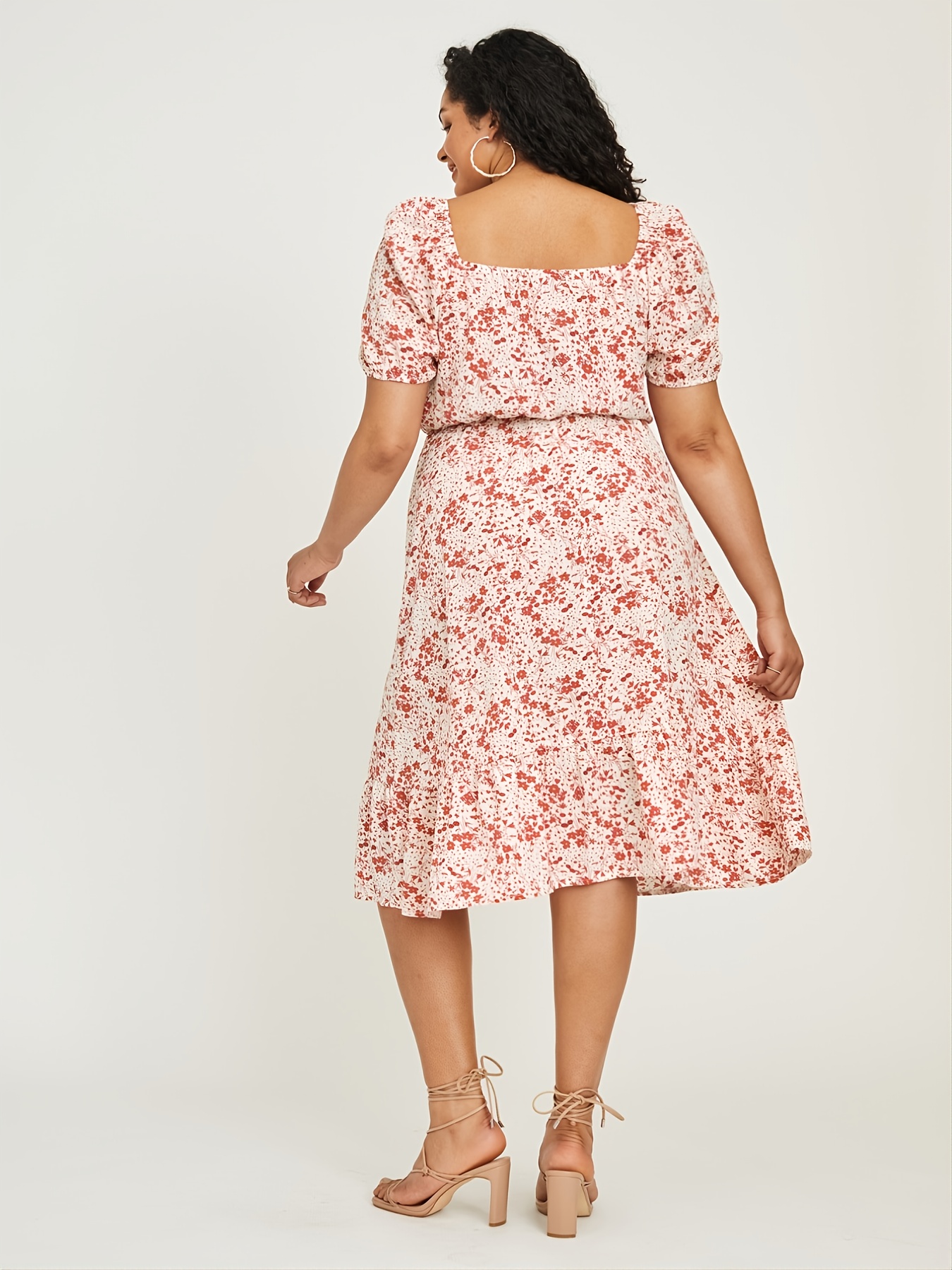 Plus Size Ditsy Floral Print Shirred Square Neck Puff Sleeve - Temu