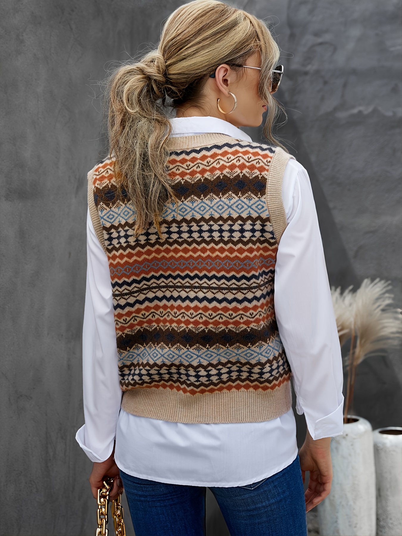 Womens Sweater Casual Fashion Striped Geometric Print Buttoned V Neck Fall  Winter Knit Sweater Vest | Free Shipping, Free Returns | Temu