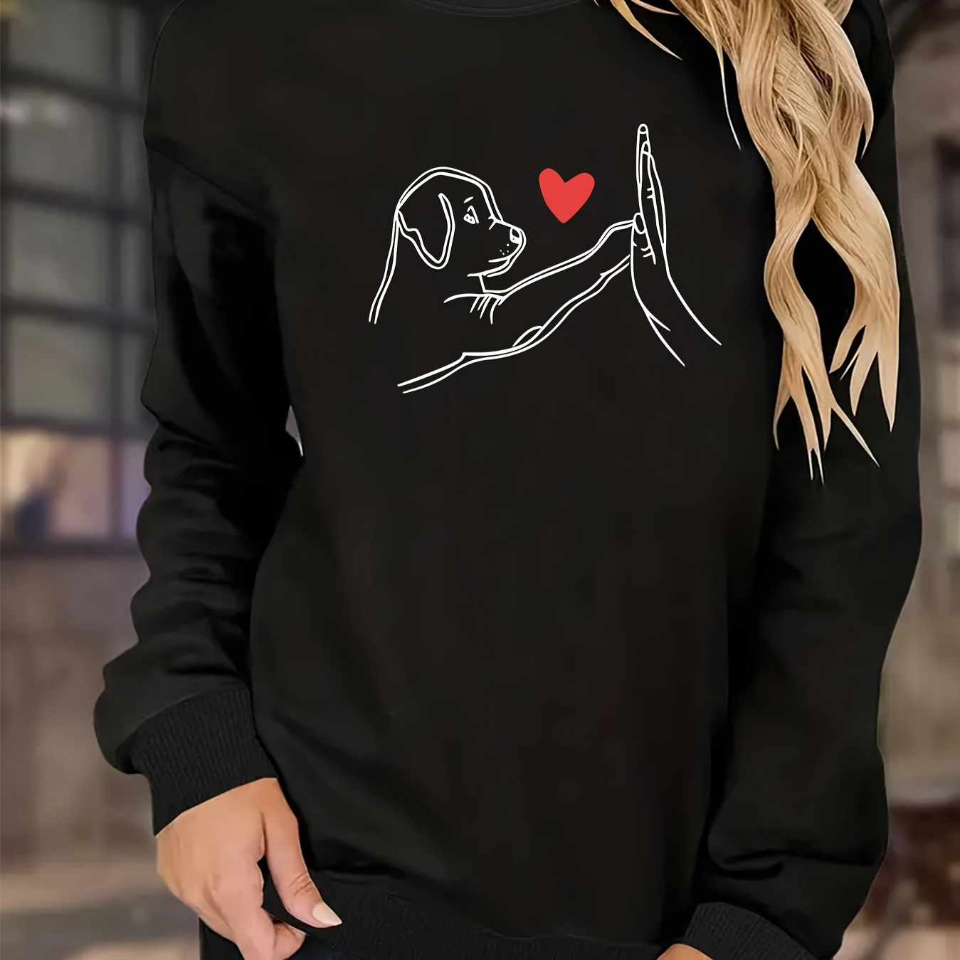 

Women' Casual Pullover Sweatshirt, Geometric Dog & Heart Print, Round Neck, Stretch Polyester, Knit, Autumn/winter, , Black/grey/yellow