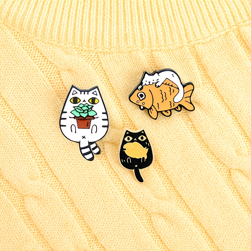 Casual Cat Eating Fish Enamel Pins for Backpacks Anime Cartoon Pins