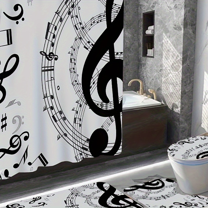 

1/4pcs Musical Notes Bathroom Set, Waterproof Polyester Shower Curtain With 12 Hooks, Non-slip Toilet Contour Mat, Lid Cover, Bath Rug, Washable Bathroom Decor Accessories