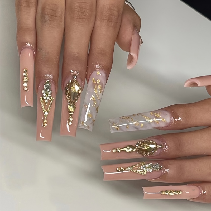 Glossy Long Square Fake Nails Nude Press On Nails With - Temu