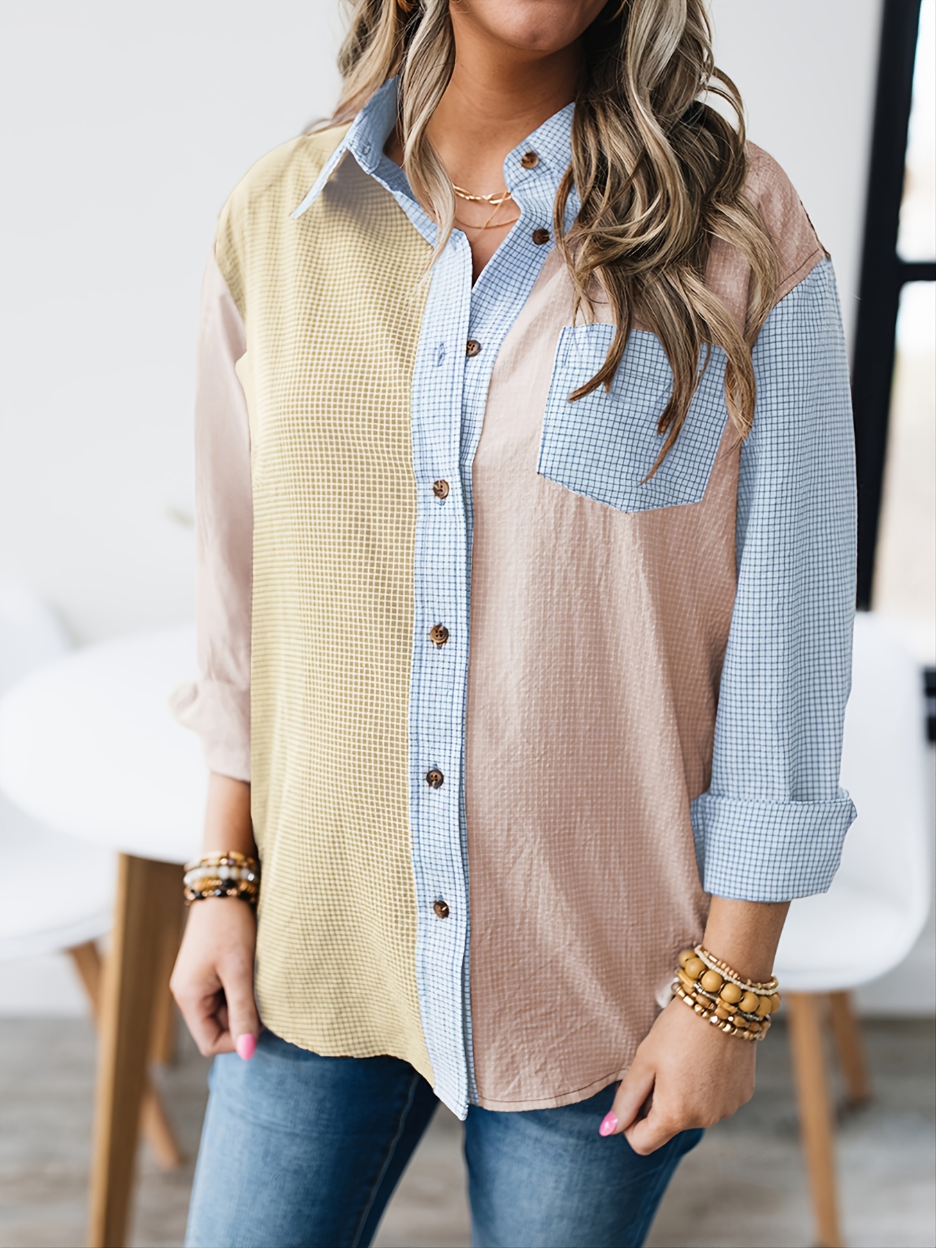 Plaid Color Block Blouse, Casual Long Sleeve V-neck Blouse, Casual Every  Day Tops, Women's Clothing