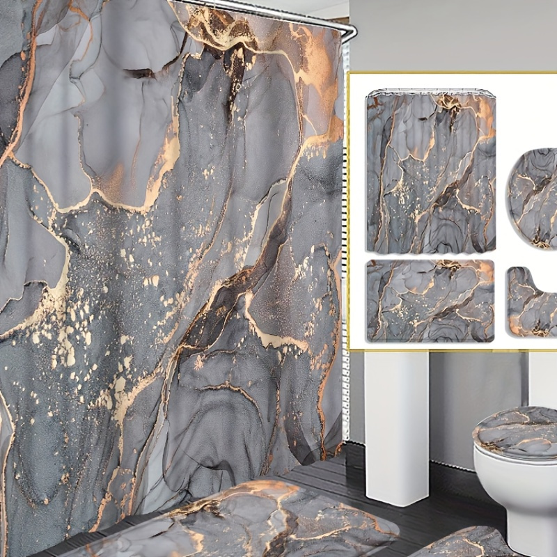 

4pcs Marble Curtain Shower Curtain Decoration, Beautiful Housewarming Gift Modern Home Decoration, Waterproof Shower Curtain And Toilet Floor Mat Three-piece Set Comes With 12 Shower Curtain Hooks
