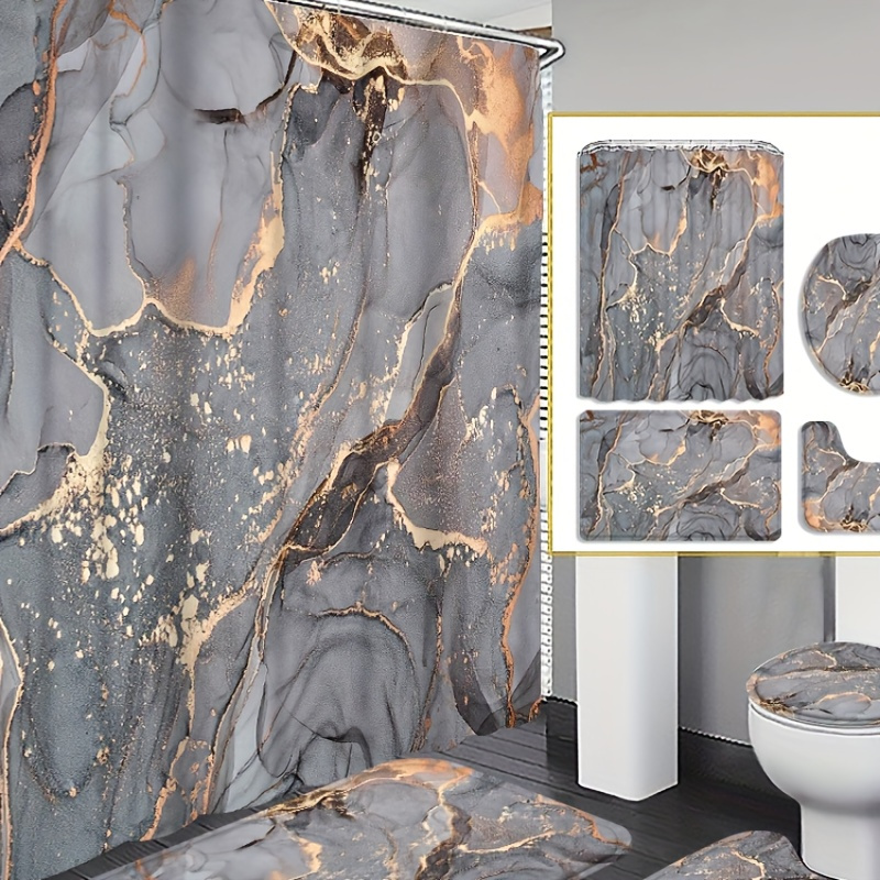 

4pcs Marble Curtain Shower Curtain Decoration, Beautiful Housewarming Gift Decoration, Waterproof Shower Curtain And Toilet Floor Mat -piece Set Comes With 12 Shower Curtain Hooks