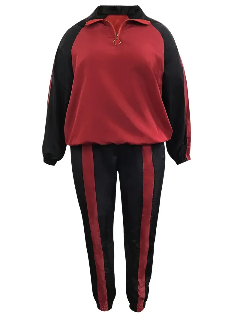 plus size sporty outfits set womens plus colorblock raglan sleeve zipper top striped joggers outfits two piece set details 1