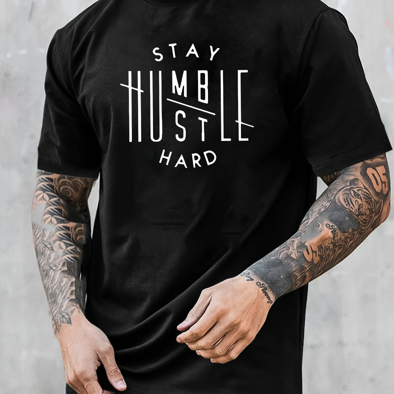 

Stay Humble Print Men's Short Sleeve T-shirts, Comfy Casual Breathable Tops For Men's Fitness Training, Jogging, Men's Clothing