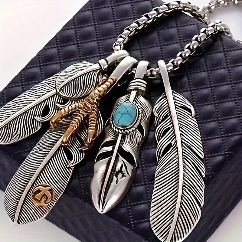 

4pcs Fashion Feather Pendant Necklace, Men's Trendy Hip Hop Sweater Chain Accessories