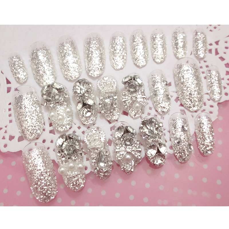 TEMU Medium Square Press On Nails, Silver Glitter Fake Nails With Rhinestones And Pearls, Glossy False Nails For Women And Girls, 24 Pcs