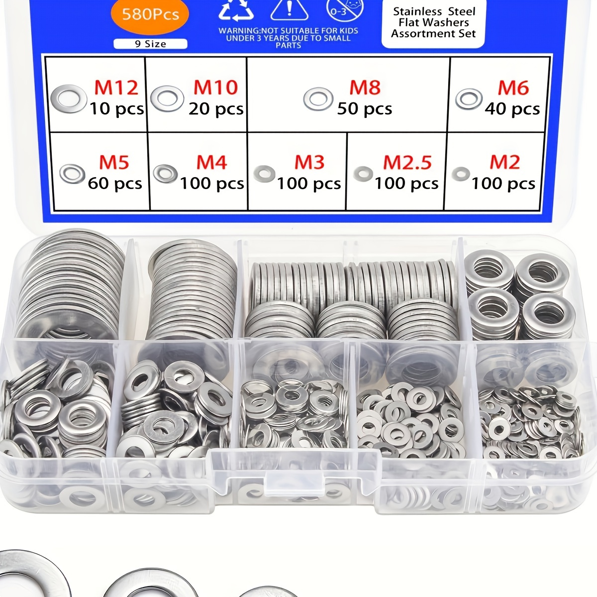 

90-580pcs 304 Stainless Steel Flat Washers For Screws Bolts, Fender Washers Assortment Set, Assorted Hardware Lock Metal Washers Kit For Home, Factories