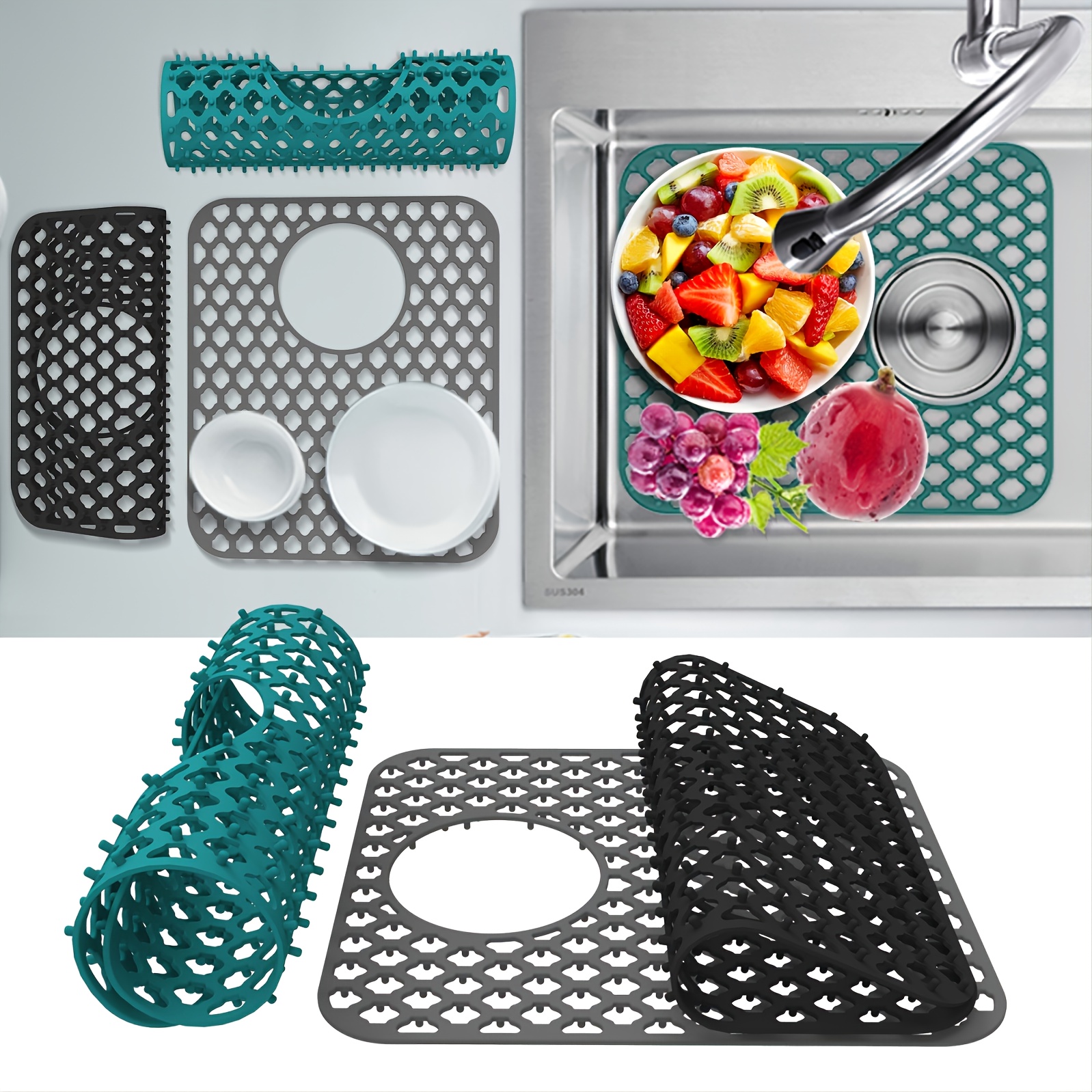 2pcs Kitchen Sink Mats, TSV Rubber Sink Mat, Kitchen Sink Grid Protector, Non-Slip Drain Pad Protector with Cuttable Center Drain, Collapsible Sink