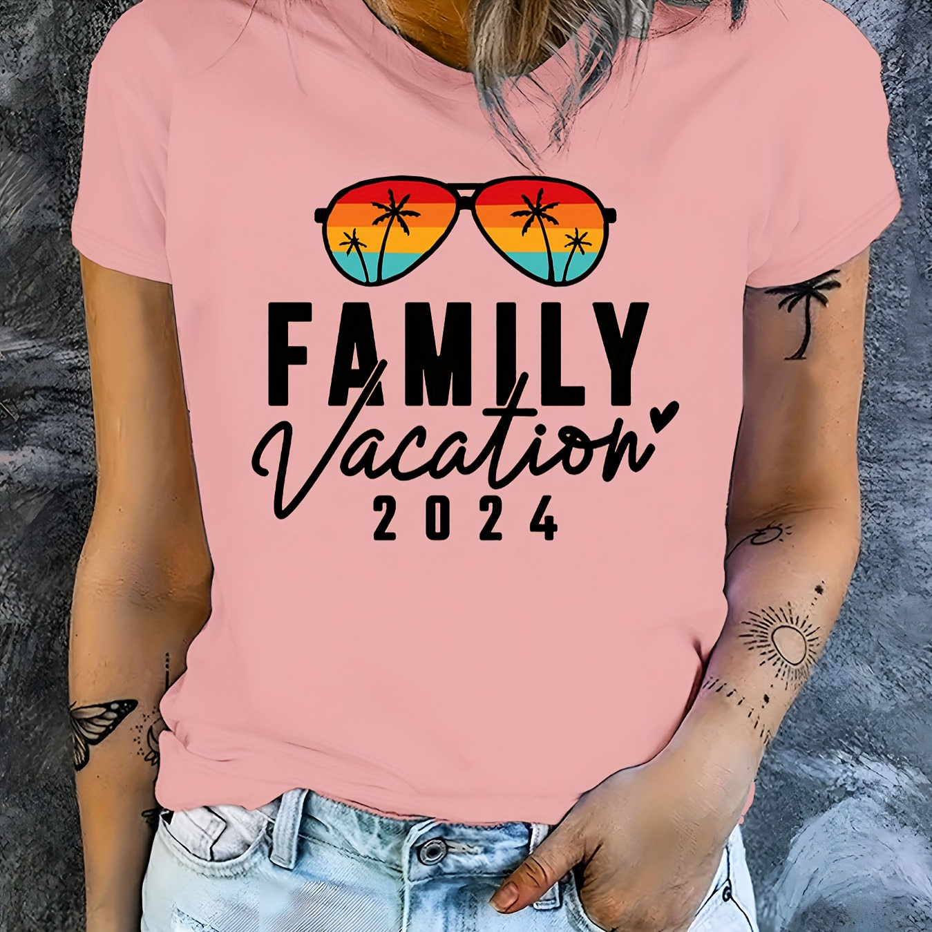 

Sunglasses Print T-shirt, Short Sleeve Crew Neck Casual Top For Summer & Spring, Women's Clothing