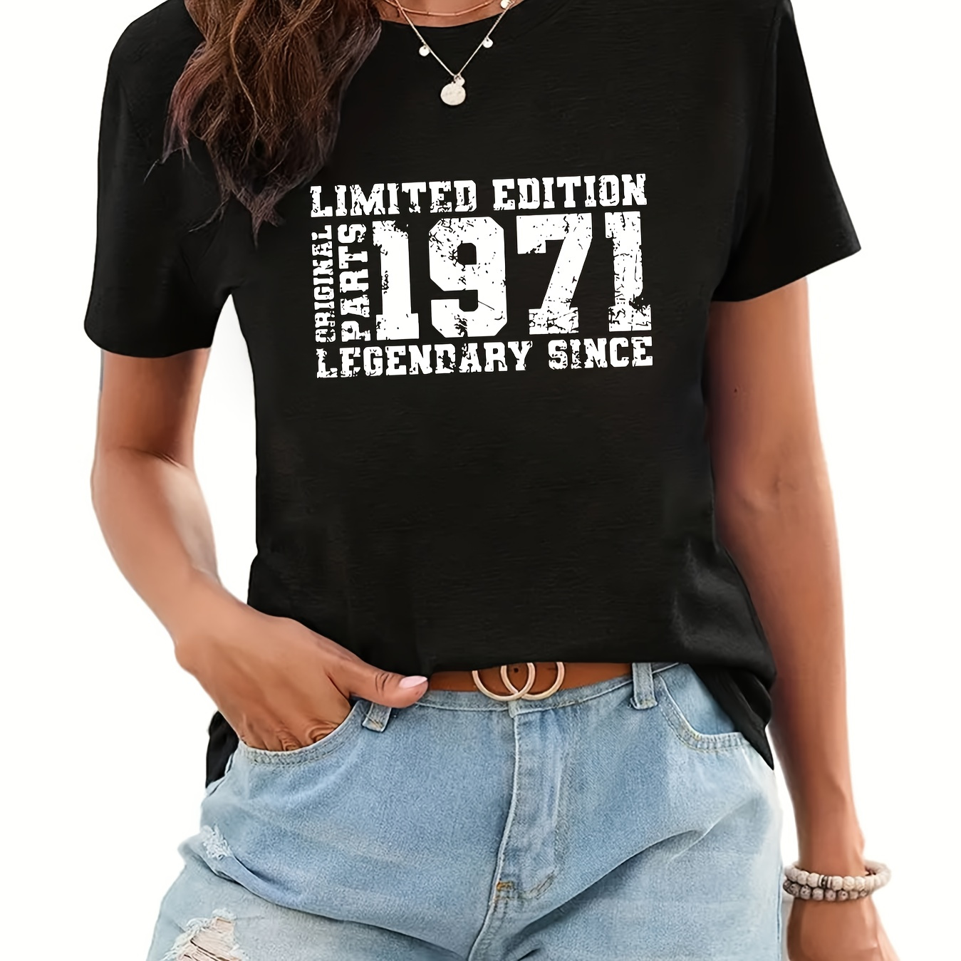 

1971 Print Crew Neck T-shirt, Short Sleeve Casual Top For Summer & Spring, Women's Clothing