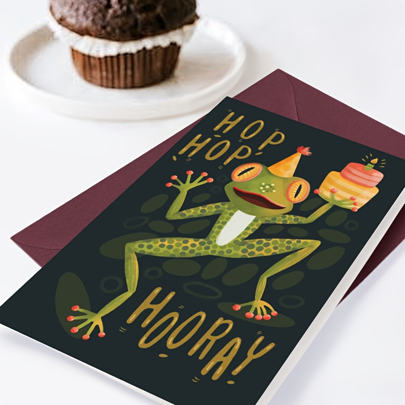 

1pc Birthday Card Frog Wearing A Colorful Party Hat, Eyes Wide Open, Looks Very Happy. It Still Has A Birthday Cake In Its Mouth Suitable For Giving To One's Own Loved Ones
