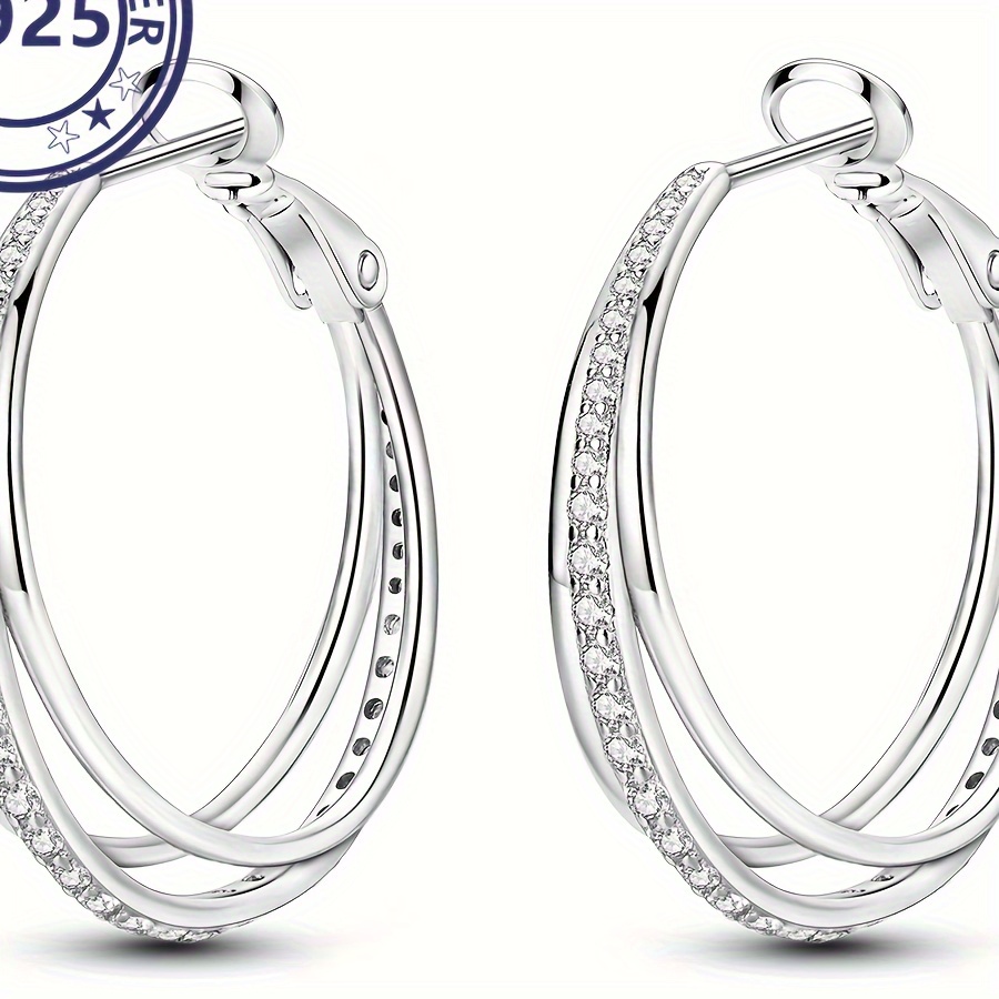 

1 Pair, S925 Sterling Silver Shining Triple Hoop Earrings, 4.16g Hypoallergenic Simple , Elegant Style For Women